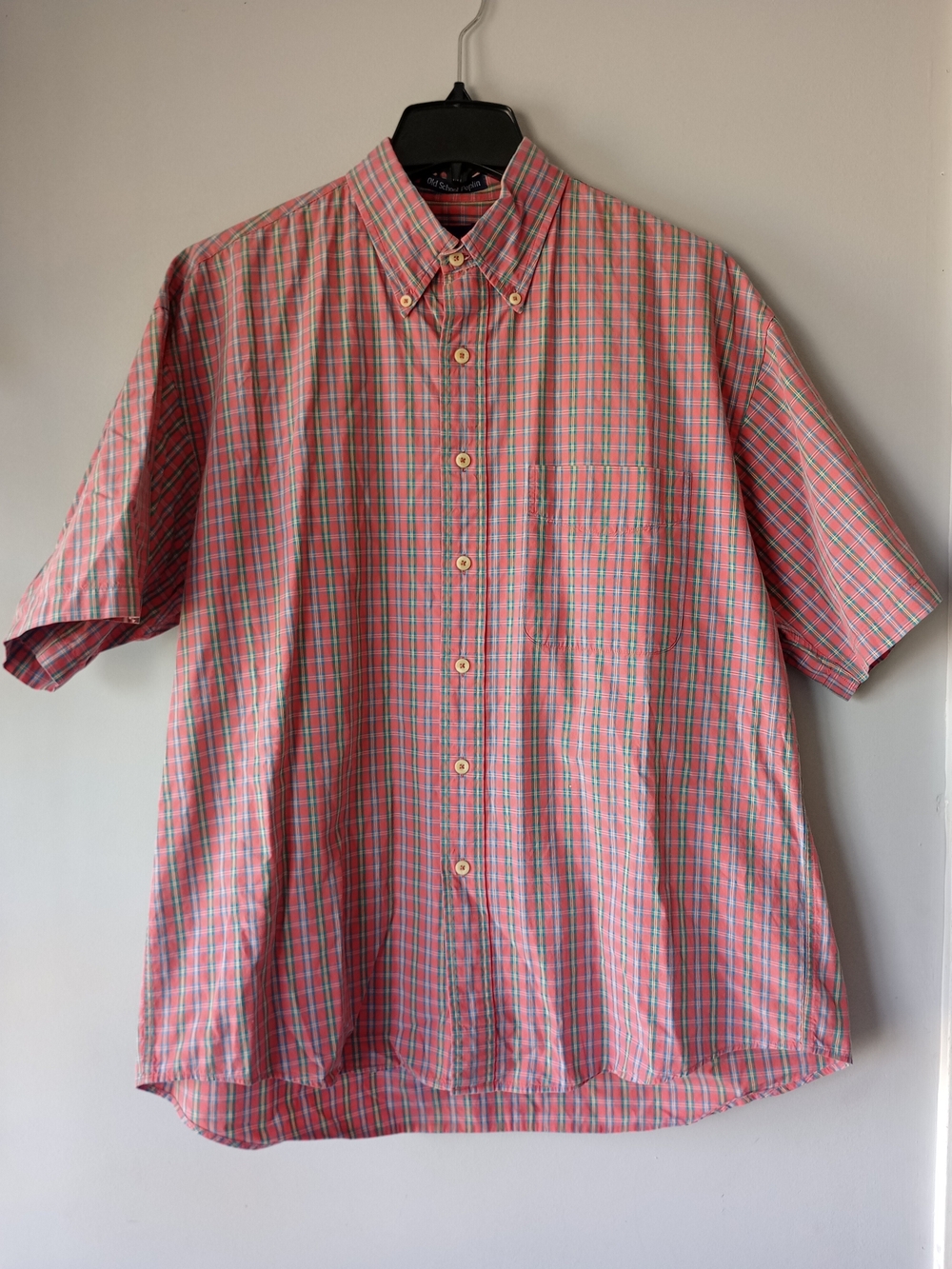 VTG GANT Pink Men Poplin Foxhunt Plaid Short Sleeve Button Shirt L Prep Dad Ivy